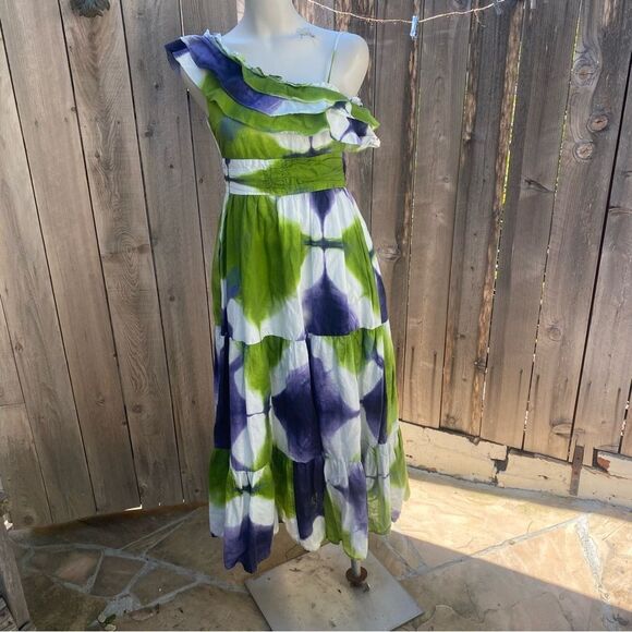 Busayo One Shoulder Ruffle Tie Dye Maxi Purple White and Green Dress - 0 - Picture 10 of 12